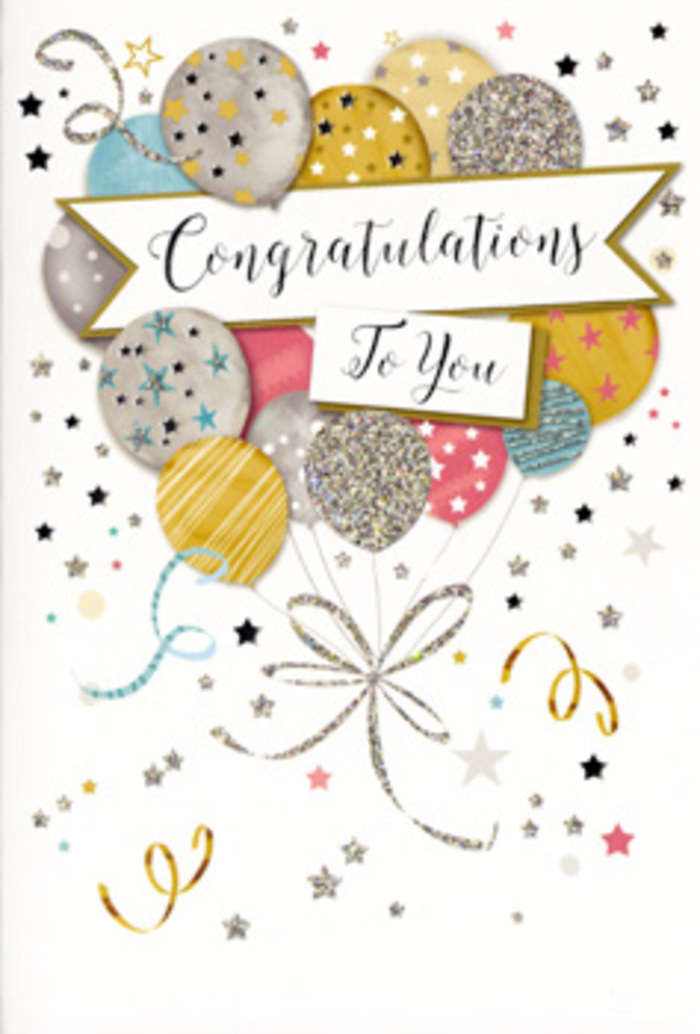 The congratulations card shown here feels like a thoughtfully arranged celebration, similar in spirit to a hand-tied bouquet from a Belmont florist. At the centre, a cluster of illustrated balloons rises in a loose, organic shape, layered in front of one another to create subtle depth. The colours are gentle yet festive-muted gold, silver, champagne, powder blue, blush pink, and dove grey-each balloon embellished with delicate details such as tiny shimmering stars, slim metallic bands, or confetti-like flecks that suggest glitter without overwhelming the eye. The surface of the balloons appears smooth and glossy, as though they are made of gleaming foil, catching soft light much like shop windows along Belmont High Street in the late afternoon. From their bases, thin ribbons in gold and silver twist and curl downward, forming graceful loops that recall the trailing ends of luxury gift wrap or the curling grasses we sometimes weave among special-occasion flowers. Draped across the centre of the design is a pale banner that carries the words Congratulations To You in elegant script, each letter sweeping into the next with a calligrapher's care. Around this central arrangement, the background is sprinkled with small metallic stars, playful swirls, and tiny dots that evoke floating confetti and the spontaneous joy of a surprise celebration at home or in a local Belmont café. The entire card radiates lightness, refinement, and genuine happiness, making it a beautiful choice to accompany a fresh bouquet delivered for graduations, promotions, or any cherished milestone celebrated within the Belmont community.