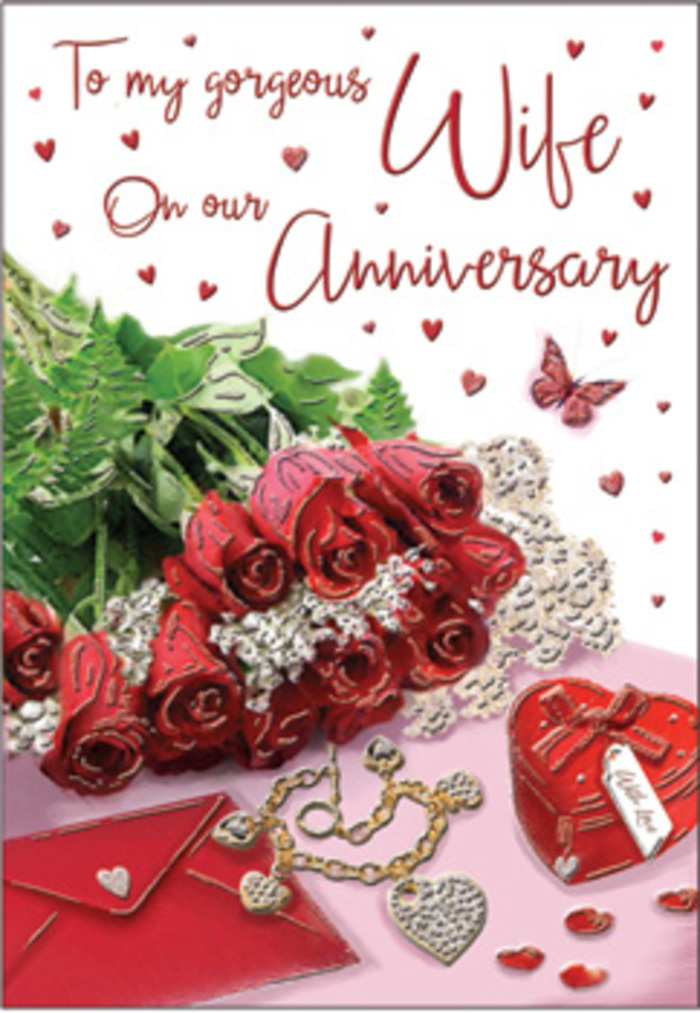 The image presents a richly romantic anniversary card styled like a carefully crafted display in a Belmont florist's window. At the centre, a bouquet of classic red roses, each bloom luxuriously full and perfectly formed, is elegantly wrapped and arranged so the petals fan out in soft, layered spirals. Their deep red hue feels both passionate and reassuring, like a love that has grown stronger over years spent together walking the streets and green spaces around Belmont. Interwoven with the roses are lush green leaves and delicate sprigs of foliage, which add freshness and a sense of abundance, as though the flowers were just trimmed and conditioned for same-day delivery. Around the central bouquet, whisper-thin lace accents and delicate heart motifs add a graceful, almost vintage charm, evoking the textures of cherished keepsakes tucked away in a jewellery box. A jewellery set glitters nearby, its metallic highlights and smooth stones reflecting the light like tiny stars, while a vivid red box anchors the composition with a bold, celebratory note. The card's scripted message flows elegantly across the scene, partially framed by scattered hearts and small decorative details that echo the theme of lasting romance. Hints of velvet, gold, and silk textures create a layered, tactile feeling, as if you could reach out and brush the soft petals or trace the outline of the heart-shaped accents. The soft lighting, reminiscent of early evening light drifting through Belmont homes, bathes the entire tableau in warmth. The result is an emotive, intimate design that feels like a warm embrace, perfectly capturing the spirit of an anniversary celebrated with roses, thoughtful gifts, and quiet gratitude.