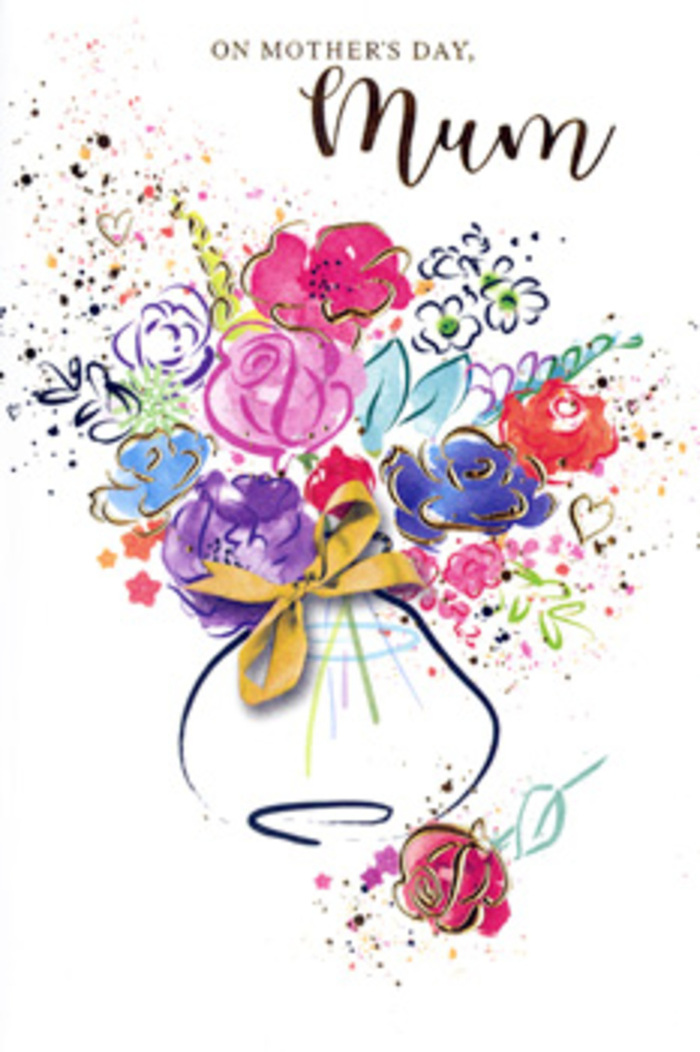 The Mother's Day card illustration presents a lively, almost musical bouquet rendered in expressive watercolour strokes, as though sketched by an inspired florist after a walk through Belmont's leafy streets. Splashes of hot pink, cerise, and raspberry red blossoms cluster together at the centre, each bloom edged with deep indigo accents that help them stand out while still blending beautifully into the surrounding colour. Softer notes of apricot, dusky mauve, and gentle blue drift among them, giving the arrangement an easy, harmonious rhythm, like conversation between generations. Fine threads of metallic gold trace certain petals and leaves, gleaming subtly against the soft paint, as if catching late-afternoon sun slanting across Belmont's gardens. The bouquet is gathered into a whimsical vase, lightly suggested with fluid brushstrokes, then adorned with a neat golden bow that speaks of care, tradition, and the small rituals of gift-giving. Around the arrangement, flicks of paint fan outward-tiny dots, splatters, and hearts that seem to hover in the white space, adding a sense of joy and spontaneity. The composition feels both free and intentional, the way a florist balances colour, texture, and meaning when creating a bouquet meant to be remembered. You can almost imagine this paper bouquet accompanying a real delivery to a Belmont home, placed on the kitchen table where everyone can admire it. The card's mood is full of gratitude and admiration, a gentle yet exuberant celebration of the unique love between a mother and child that endures through everyday life.