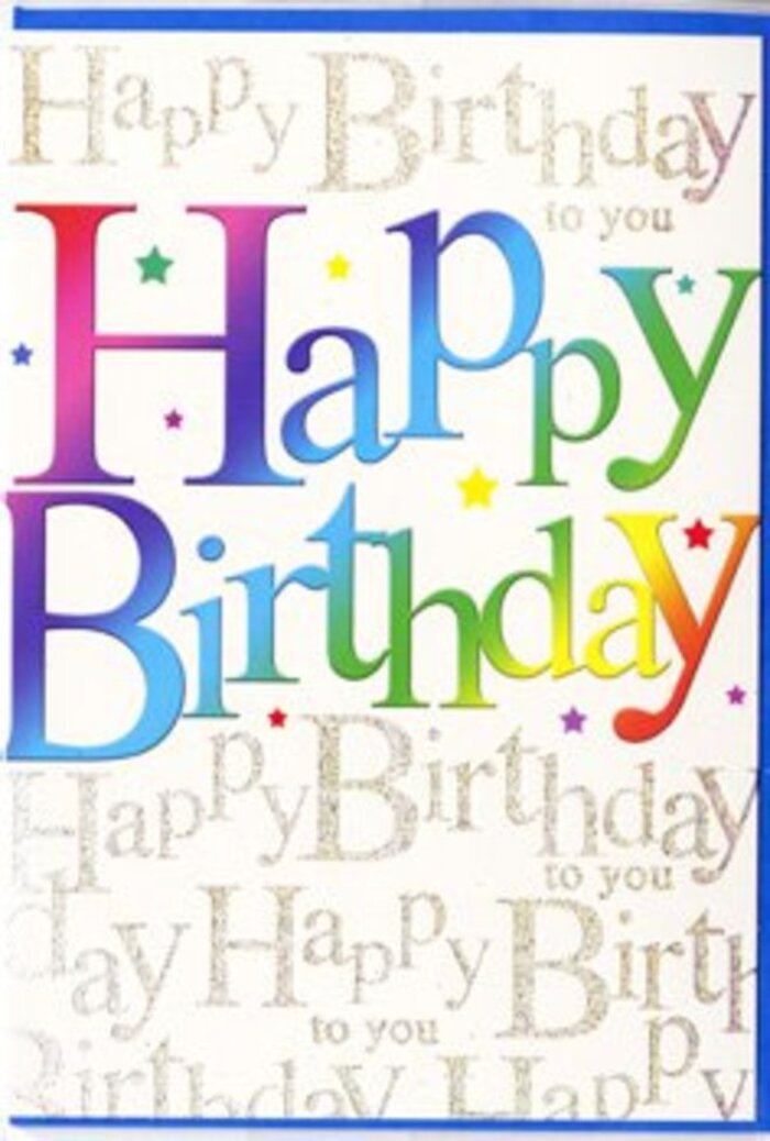 This birthday card is pictured upright, its entire front transformed into a canvas of colour and quiet sparkle that feels as carefully thought-out as a hand-tied arrangement prepared in a Belmont florist's studio. In the centre, the words Happy Birthday span almost the full width, rendered in large, rounded letters that shift seamlessly from one shade to the next. Starting at one side, the colours begin with a juicy crimson, slide into raspberry pink, then roll into deep violet and clear sky blue before settling into sea-green, lime, and finally a soft, sunshine yellow. The gradient is smooth and velvety, reminiscent of petals laid side by side at Belmont Flowers, each hue flowing naturally into the next without harsh lines. The lettering has a slight gloss that suggests a premium card stock, catching hints of light as though the card were placed under a gentle overhead lamp. Behind this bold central phrase, the background is an elegant cream washed with repeated lines of cursive gold writing that quietly echo the sentiment, Happy Birthday to you. The script is fine and looping, with each word intertwining gracefully, creating a delicate pattern that looks almost like golden lace draped across the surface. The metallic ink has a subtle shimmer rather than heavy glitter, so it feels refined and tasteful, giving the impression of quality and care. There are no additional illustrations, balloons, or characters-just the interplay of vibrant rainbow letters and soft golden script, making the design both modern and timeless. The resulting mood is joyful yet sincere, the kind of card you'd pair with a cheerful Belmont birthday bouquet for someone who deserves a celebration that feels both fun and thoughtfully chosen.