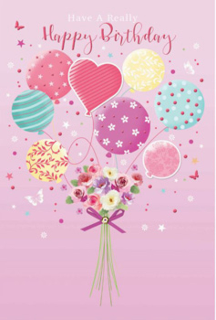 Whimsical birthday card artwork showing a pastel balloon bouquet rising from a cluster of fresh flowers, much like a charming window display you might spot while strolling through Belmont. The scene is set on a soft pink backdrop that feels like the inside of a gift box, warm and inviting. From the centre, a small garden of blooms anchors the composition: petite roses and daisy-like flowers in creamy white, blush pink, and gentle mauve, their petals delicately shaded from centre to edge as though kissed by morning light. They are gathered tightly together, almost forming a dome, and secured with a shimmering purple ribbon tied into a neat bow whose satin texture catches the light. From this bouquet, slender strings rise to support an array of floating balloons in muted candy colours-seafoam green, powdery yellow, lilac, and rosy fuchsia. Each balloon bears its own personality, with patterns of playful polka dots, wavy stripes, stylised flowers, and one prominent heart-shaped balloon that suggests love and appreciation. The balloons appear to drift upward, creating a gentle sense of motion, like watching decorations sway during a birthday tea in a Belmont garden. Tiny stars and butterflies flit around the design, adding notes of fantasy and joy. Soft, diffused lighting illuminates the artwork, giving the balloons a glossy sheen and the flowers a natural, velvety depth, with subtle shadows beneath the bouquet to ground it. The whole illustration feels like a tender birthday wish brought to life-elegant yet playful, perfect for conveying warm greetings alongside a hand-delivered bouquet in Belmont.