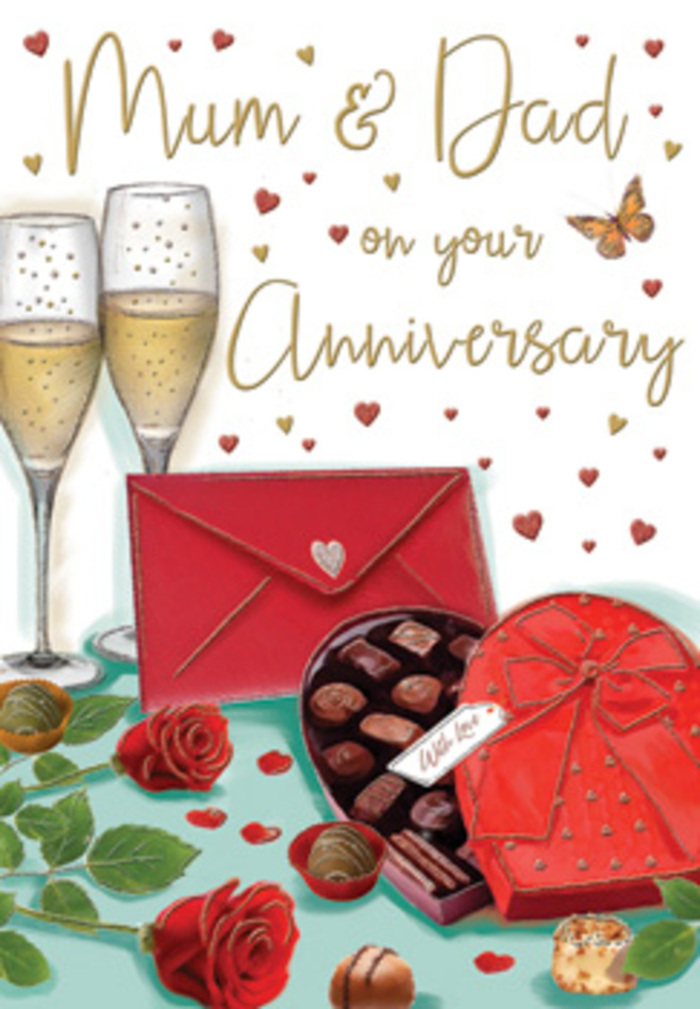 The illustrated anniversary card presents a lovingly detailed still life that seems to glow with the warmth of a well-lived marriage, reminiscent of intimate celebrations in Belmont's family homes. At the heart of the composition, two elegant champagne flutes stand side by side, their slender stems reflecting a soft, ambient light. Each glass is filled with sparkling golden champagne, tiny bubbles rising and catching the glow as though frozen at the moment of a heartfelt toast between partners who have shared many years together. In front of the glasses, a heart-shaped box of chocolates is drawn slightly open, revealing an inviting assortment of glossy truffles and pralines, their varied shapes and subtle highlights suggesting rich, indulgent flavours. The box is wrapped in a dramatic red ribbon tied into a generous bow, the folds shaded to show its satin-like texture. To the left, a pair of vivid red roses, backed by lush green leaves, lies gracefully on the table. The petals look plush and layered, like freshly cut blooms you might see being arranged in a Belmont florist's workshop before a same-day delivery. Scattered pieces of chocolate on the tabletop imply a relaxed, shared moment of sweetness. Above and around, tiny crimson and gold hearts drift across a warm-toned background, gently framing hand-lettered wishes to Mum & Dad and infusing the card with a romantic yet family-centred mood. A scarlet envelope, neatly sealed with a small heart motif, rests nearby, suggesting the quiet intimacy of a handwritten message. Together, these elements create a scene that feels both luxurious and deeply personal, honouring the enduring love at the centre of a family.