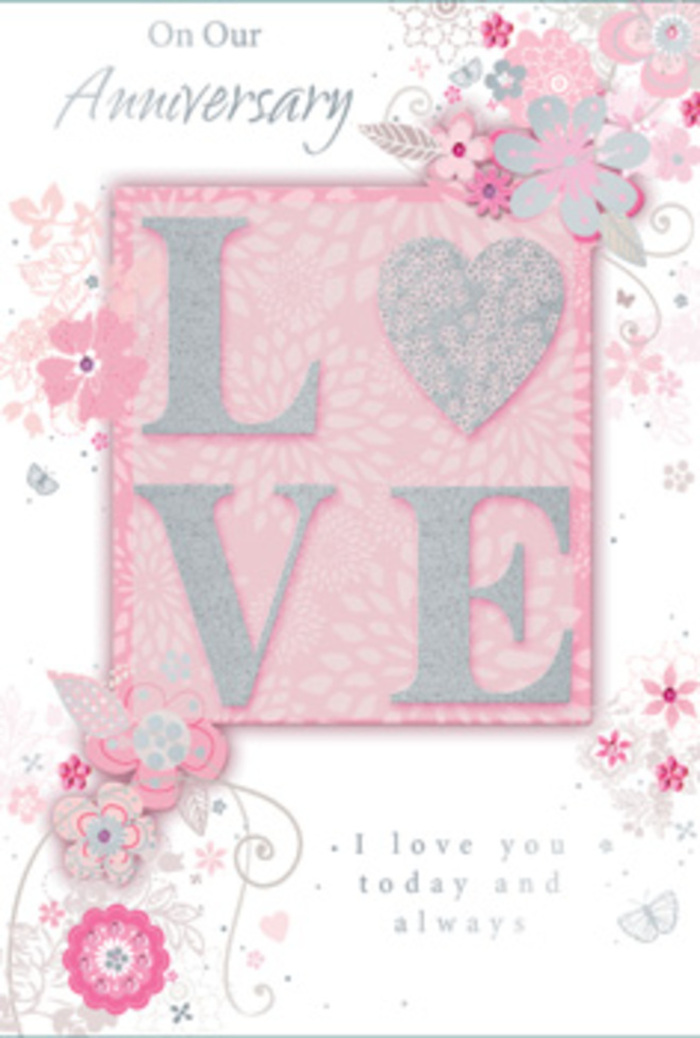 An anniversary card is shown in close detail, its surface designed with the same care and balance a Belmont florist might bring to a hand-tied bouquet. The central word, LOVE, stands out in frosted glitter print, the raised letters shimmering softly as if dusted with fine sugar. Each stroke invites touch, offering a subtle sparkle whenever the light catches the texture. Around this focal point, wispy, hand-drawn blooms and drifting sprigs trail along the borders of the card, their petals shaded in gentle tones of blush pink, lilac, and creamy ivory. These illustrated flowers appear to float across the soft background, echoing the lightness of fresh petals gathered from local gardens and green spaces near Belmont. Delicate flourishes-filigree lines, tiny leaves, and almost-hidden butterflies-are tucked between the blossoms, suggesting the flutter of hearts and the quiet excitement of another year spent together. The backdrop is a calm, rosy hue that feels warm and inviting, like the glow from a window on a cosy Belmont evening. Nestled among the design, a tender message reads, I love you today and always, set in a graceful, understated typeface that looks like a personal note rather than a printed slogan. The overall mood is intimate and timeless, like a long-lasting arrangement chosen to sit on a bedside table. This card feels very much like a bouquet captured in paper and ink-a softly fragrant gesture of devotion, perfect for marking an anniversary with sincerity and depth.