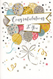 This image shows a beautifully designed congratulations card that feels like a quiet burst of joy, perfect for pairing with flowers delivered across Belmont. In the centre of the card, a generous cluster of illustrated balloons floats upward, overlapping in a soft arc. The balloons are rendered in a palette of champagne gold, bright silver, soft pink, sky blue, and gentle grey, each one individually decorated with glitter-like stars, slim bands, or tiny dots, creating the impression of different textures-from satin-smooth to delicately sparkling. Fine, curling ribbons in metallic gold and silver trail gracefully from the bottom of the balloon cluster, looping and twisting the way real ribbons would cascade from a celebratory bouquet arranged at Belmont Flowers. A light, gently curved banner stretches across the middle, bearing the words Congratulations To You in flowing, cursive script that looks hand-lettered and personal. The background of the card is calm and pale, sprinkled with scattered stars, swirling lines, and confetti-style specks that appear to drift around the balloons like festive air currents after a party in one of Belmont's cosy homes. There is an implied sheen on the inks and metallic accents, suggesting that, in person, the card would catch the light with every movement of your hand. Overall, the composition feels airy, joyful, and polished, conveying pride and happiness without being overly loud. It would sit beautifully alongside a vase of fresh flowers for exam successes, new jobs, promotions, or any moment when you want to celebrate someone in Belmont with both visual sparkle and heartfelt sincerity.