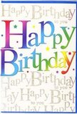 The image shows a festive birthday card whose design captures the same upbeat energy as a birthday gathering in a Belmont living room filled with flowers and laughter. At the centre, the phrase Happy Birthday is written in big, confident letters that almost seem to leap from the card. Each letter is bathed in a rich gradient of colour, starting with dark cherry reds and plum tones and then drifting through warm magentas, cool blues and aquas, and finishing in citrusy greens and sunny yellows. The rainbow effect is fluid and luminous, evoking rows of colourful stems lined up in buckets at a Belmont flower shop, each one adding its own note to the overall harmony. The surface of the text appears smooth and slightly reflective, suggesting a silky print finish that would feel luxurious under the fingertips. Behind this vibrant greeting, the background is a soft ivory, completely overlaid with repeated lines of slender, looping handwriting that read Happy Birthday to you in pale metallic gold. The gold script glimmers gently, like light glancing off the surface of the River Wandle on a bright day, adding a fine, sparkling backdrop that remains understated and elegant. There are no cluttering decorations; instead, the designer relies on the contrast between the bold, colourful letters and the delicate golden pattern to convey a sense of polished celebration. The overall composition feels uplifting and full of promise, the sort of card you might choose to accompany a same-day birthday delivery in Belmont when you want your message to arrive not just as words, but as a vibrant, visual burst of good wishes.