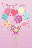 Detailed birthday card illustration where pastel balloons appear to lift a sweet bouquet of flowers, echoing the light-hearted celebrations often seen around Belmont's community gatherings. The background is a calm blush pink wash that lets the colours of the design stand out clearly. At the base sits a hand-tied posy of roses and anemone-like blooms in soft ivory, blush, and muted mauve, their layered petals gently ruffled as if just opened. The flowers cluster together closely, creating a rounded, cushion-like shape, and are bound with a violet satin bow whose gleam hints at a silky, smooth texture. Rising from this bouquet are fine balloon strings leading to a lively mix of round and heart-shaped balloons in pastel tones of teal, pink, lavender, and buttery yellow. Each balloon displays a different cheerful pattern, from candy-striped spirals to bouncy polka dots and delicate florals, reminiscent of decorations at a birthday party in one of Belmont's leafy back gardens. A central heart balloon radiates warmth, becoming the quiet focal point. Light seems to fall diagonally across the illustration, catching the shine of each balloon's surface and the subtle highlights along the petals, giving a sense of depth and gentle movement. Scattered stars and tiny butterflies dance around the scene, suggesting a magical, storybook atmosphere. The overall mood is one of airy, joyful celebration-an image that feels like a smile in visual form, perfectly suited to accompany a birthday flower delivery to family or friends living in and around Belmont.