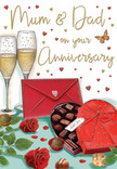 This anniversary card illustration feels like stepping into a quiet, romantic corner of a Belmont home just as an evening celebration begins. The main focus is a pair of tall, slender champagne flutes set close together, filled to mid-height with effervescent golden champagne. The bubbles rise in delicate streams, catching a warm, amber light that suggests a cosy room rather than a bright daytime gathering. In front of the glasses, an open, heart-shaped box of chocolates rests on the table, its lid tipped back to reveal neat rows of assorted truffles, each one shaded to show glossy coatings and intricate shapes. The box is wrapped in a sumptuous red ribbon, the bow full and carefully drawn so that every fold looks soft and satin-smooth. To the side, two richly coloured red roses, still on their stems with deep green leaves, lie almost casually but with clear intention. Their velvety petals are layered and generous, just like the premium roses that might be chosen for a special anniversary bouquet delivered by a local Belmont florist. Tiny scattered chocolates hint at a relaxed, shared indulgence. Above, small crimson and gold hearts float against a softly glowing background and surround a handwritten-style greeting to Mum & Dad, reinforcing the sense of a family milestone being honoured. A vivid red envelope, sealed with a simple heart emblem, sits nearby, suggesting a deeply personal message of thanks, love, and shared memories. The entire composition radiates warmth, tenderness, and the comforting richness of long-lasting devotion celebrated at home.
